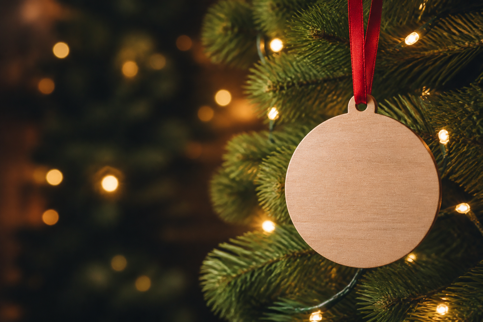A blank wooden ornament on a red ribbon hanging on a fir branch with warm string lights